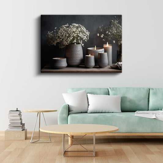 Beyaz Çiçekler - Seramik Vazolar ve Mumlar Kanvas Tablo