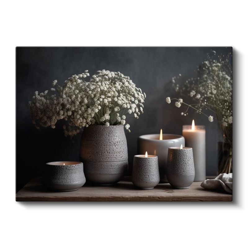 Beyaz Çiçekler - Seramik Vazolar ve Mumlar Kanvas Tablo