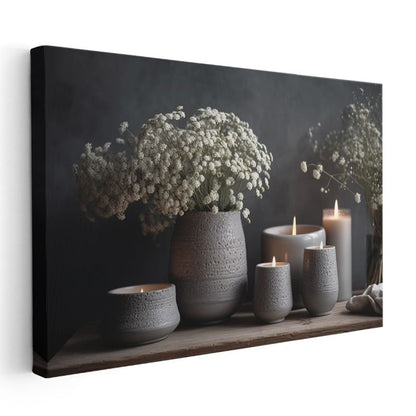 Beyaz Çiçekler - Seramik Vazolar ve Mumlar Kanvas Tablo