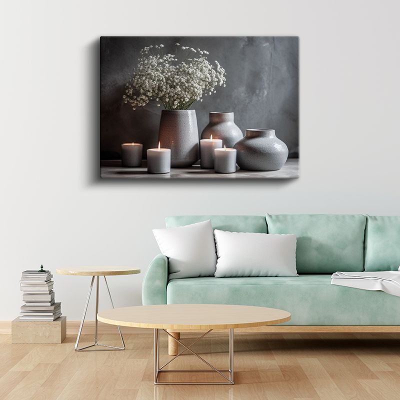 Gri Seramik Koleksiyon - Beyaz Çiçekler ve Mumlar Kanvas Tablo