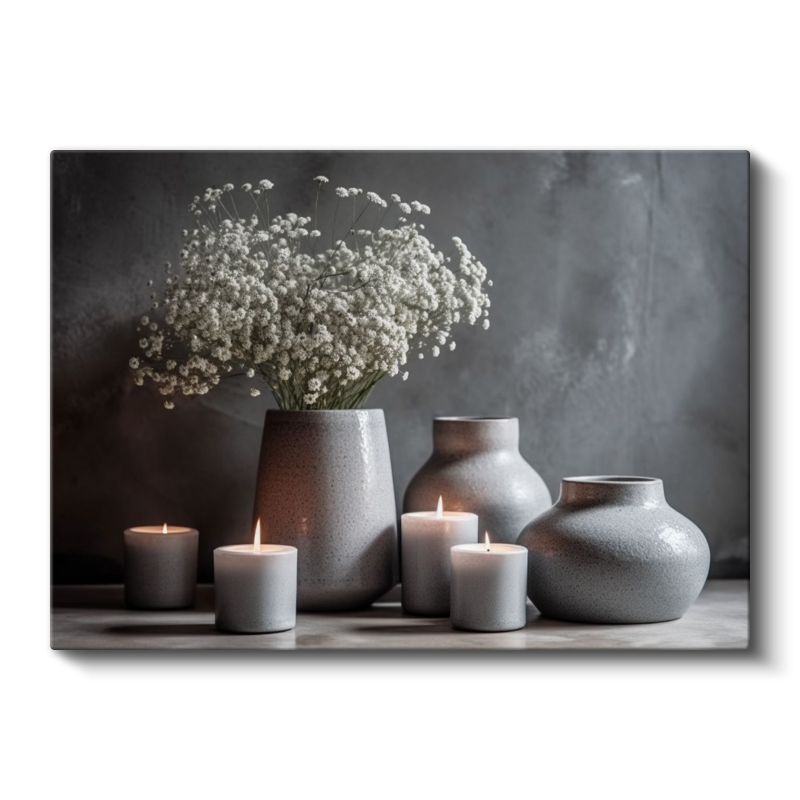 Gri Seramik Koleksiyon - Beyaz Çiçekler ve Mumlar Kanvas Tablo