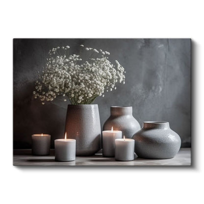Gri Seramik Koleksiyon - Beyaz Çiçekler ve Mumlar Kanvas Tablo