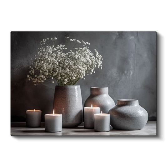 Gri Seramik Koleksiyon - Beyaz Çiçekler ve Mumlar Kanvas Tablo