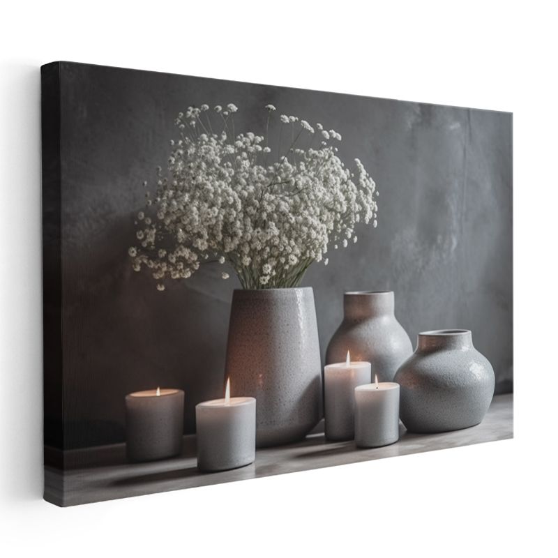 Gri Seramik Koleksiyon - Beyaz Çiçekler ve Mumlar Kanvas Tablo
