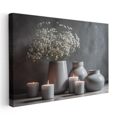 Gri Seramik Koleksiyon - Beyaz Çiçekler ve Mumlar Kanvas Tablo