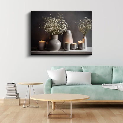 Zarif Vazolar - Beyaz Çiçekler ve Mumlar Kanvas Tablo
