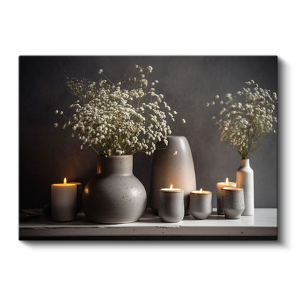 Zarif Vazolar - Beyaz Çiçekler ve Mumlar Kanvas Tablo