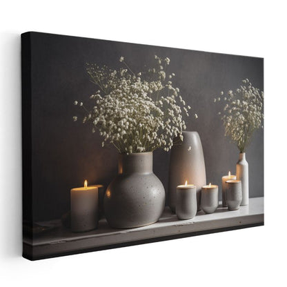 Zarif Vazolar - Beyaz Çiçekler ve Mumlar Kanvas Tablo