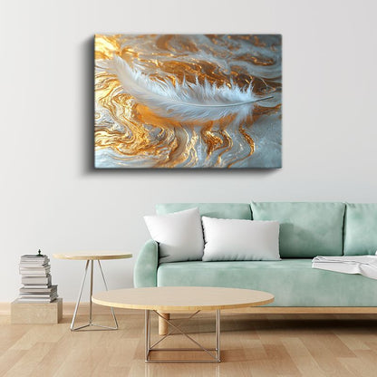 Beyaz Tüy - Altın Dalgalar Üzerinde Zarafet Kanvas Tablo