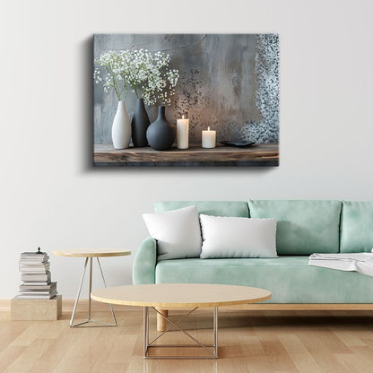 Minimalist Dekor - Beyaz Çiçekler ve Mumlar Kanvas Tablo