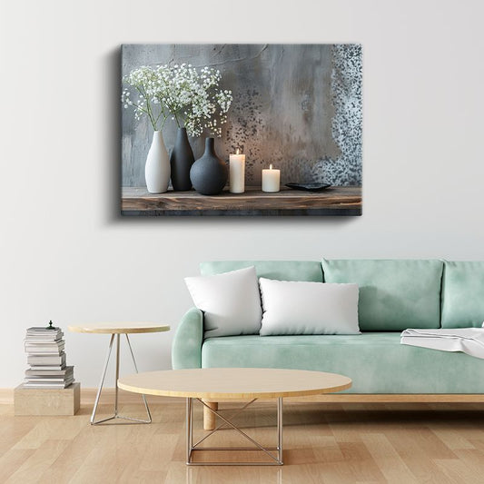 Minimalist Dekor - Beyaz Çiçekler ve Mumlar Kanvas Tablo