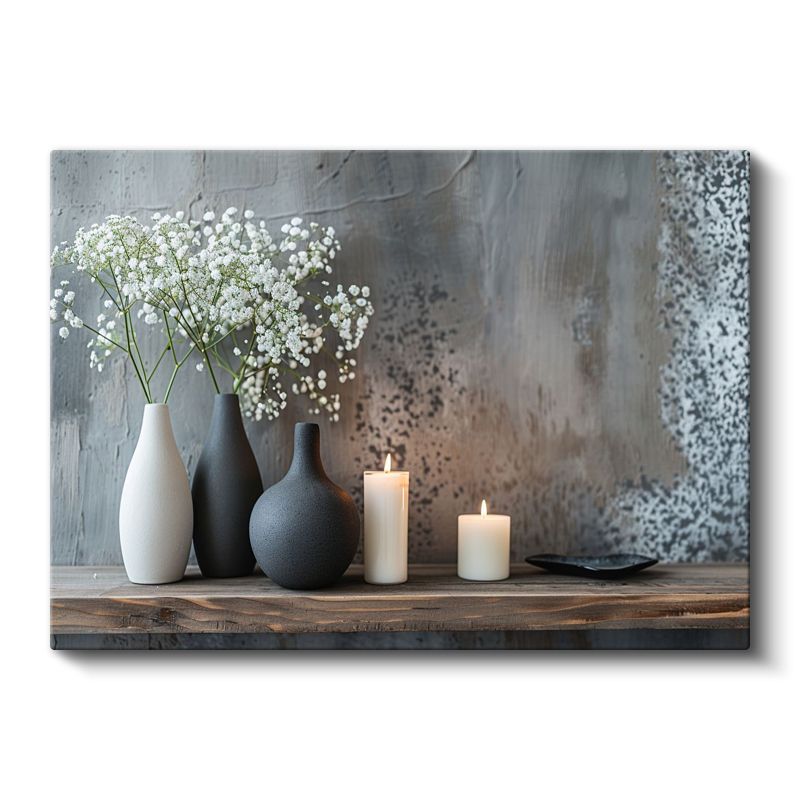 Minimalist Dekor - Beyaz Çiçekler ve Mumlar Kanvas Tablo
