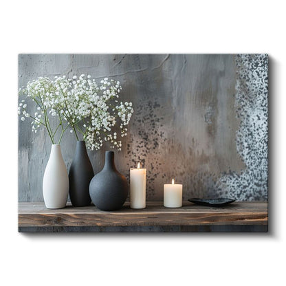 Minimalist Dekor - Beyaz Çiçekler ve Mumlar Kanvas Tablo
