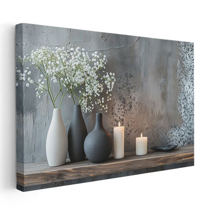 Minimalist Dekor - Beyaz Çiçekler ve Mumlar Kanvas Tablo