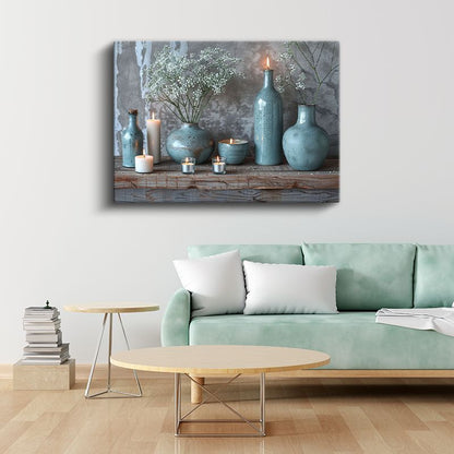 Mavi Seramik - Beyaz Çiçekler ve Mumlar Kanvas Tablo