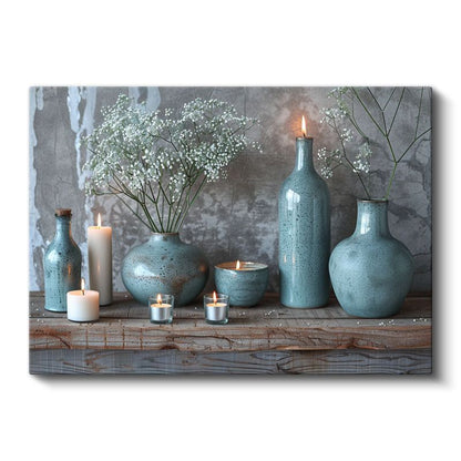 Mavi Seramik - Beyaz Çiçekler ve Mumlar Kanvas Tablo