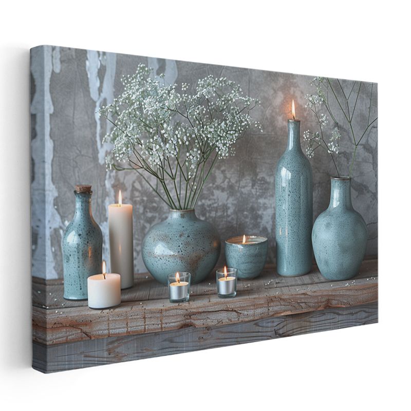 Mavi Seramik - Beyaz Çiçekler ve Mumlar Kanvas Tablo