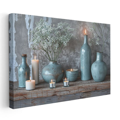 Mavi Seramik - Beyaz Çiçekler ve Mumlar Kanvas Tablo