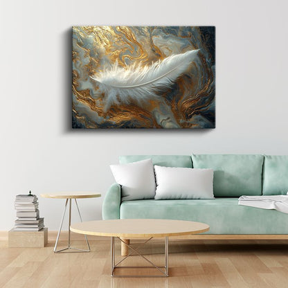 Beyaz Tüy - Altın ve Mavi Dalgalar Kanvas Tablo