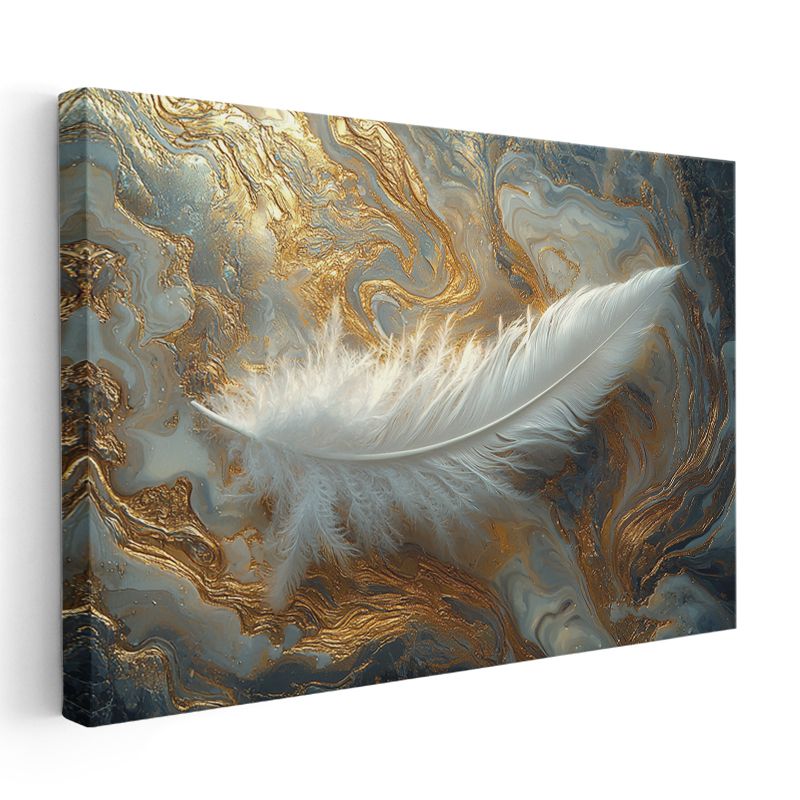 Beyaz Tüy - Altın ve Mavi Dalgalar Kanvas Tablo