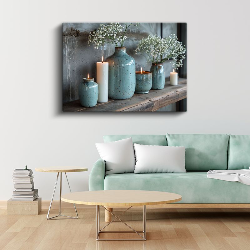 Turkuaz Vazolar - Beyaz Çiçeklerle Dekoratif Düzenleme Kanvas Tablo