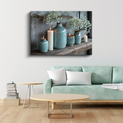 Turkuaz Vazolar - Beyaz Çiçeklerle Dekoratif Düzenleme Kanvas Tablo