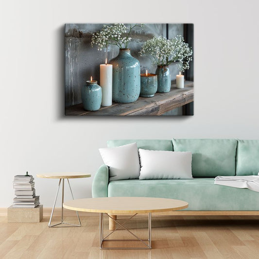 Turkuaz Vazolar - Beyaz Çiçeklerle Dekoratif Düzenleme Kanvas Tablo