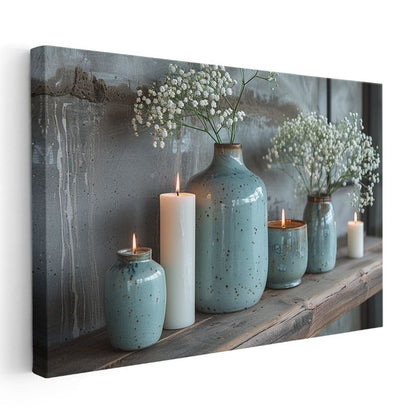 Turkuaz Vazolar - Beyaz Çiçeklerle Dekoratif Düzenleme Kanvas Tablo