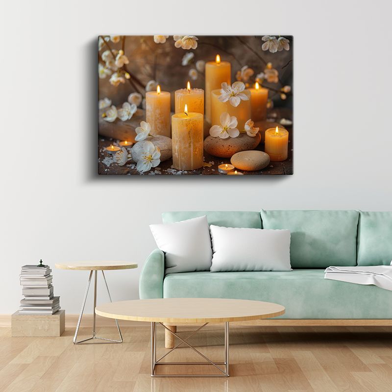 Sarı Mumlar - Çiçekler ve Taşlarla Spa Teması Kanvas Tablo