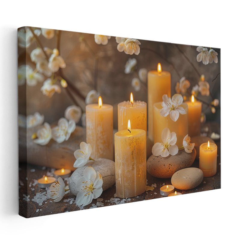 Sarı Mumlar - Çiçekler ve Taşlarla Spa Teması Kanvas Tablo