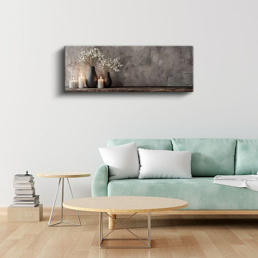 Minimalist Vazo Düzenlemesi - Beyaz Çiçekler ve Mumlarla Huzur Kanvas Tablo