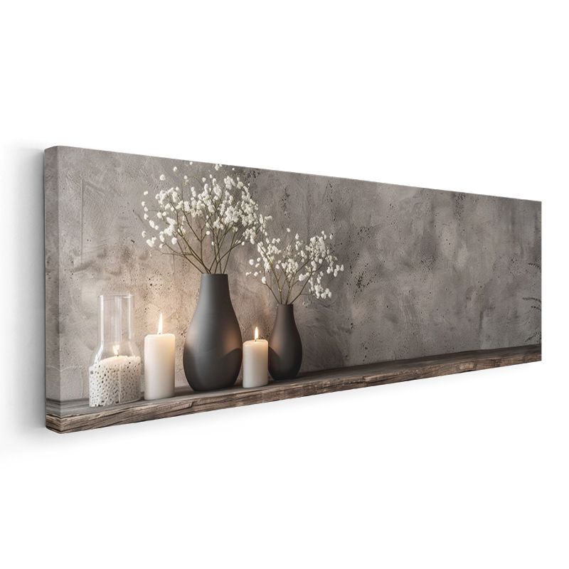 Minimalist Vazo Düzenlemesi - Beyaz Çiçekler ve Mumlarla Huzur Kanvas Tablo