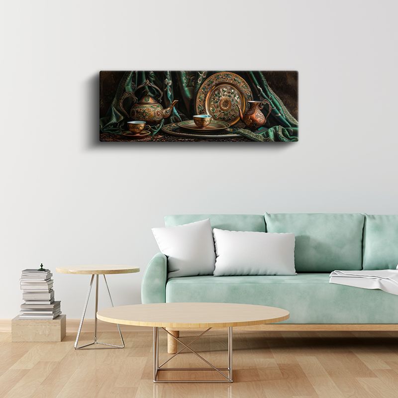 Antik Çay Takımı - Bakır ve Yeşil Tonlarda Zarif Detaylar Kanvas Tablo