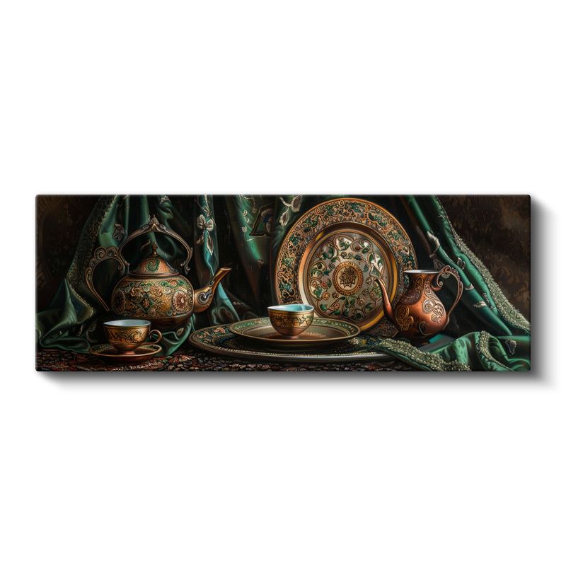 Antik Çay Takımı - Bakır ve Yeşil Tonlarda Zarif Detaylar Kanvas Tablo