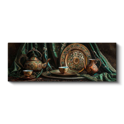 Antik Çay Takımı - Bakır ve Yeşil Tonlarda Zarif Detaylar Kanvas Tablo