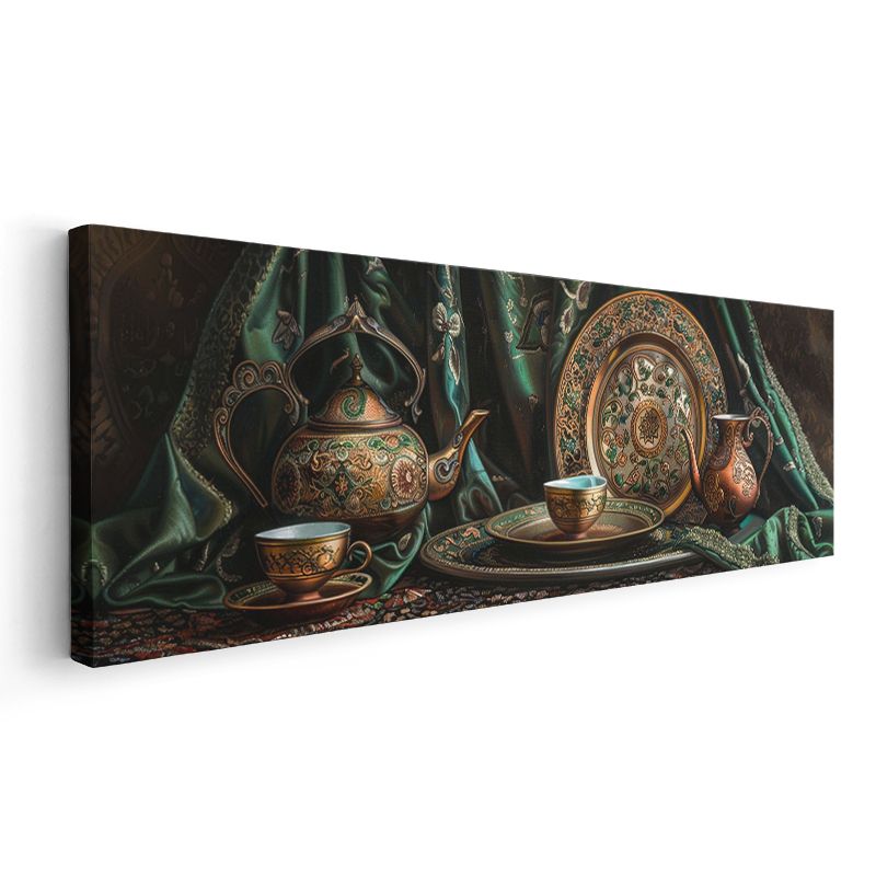 Antik Çay Takımı - Bakır ve Yeşil Tonlarda Zarif Detaylar Kanvas Tablo
