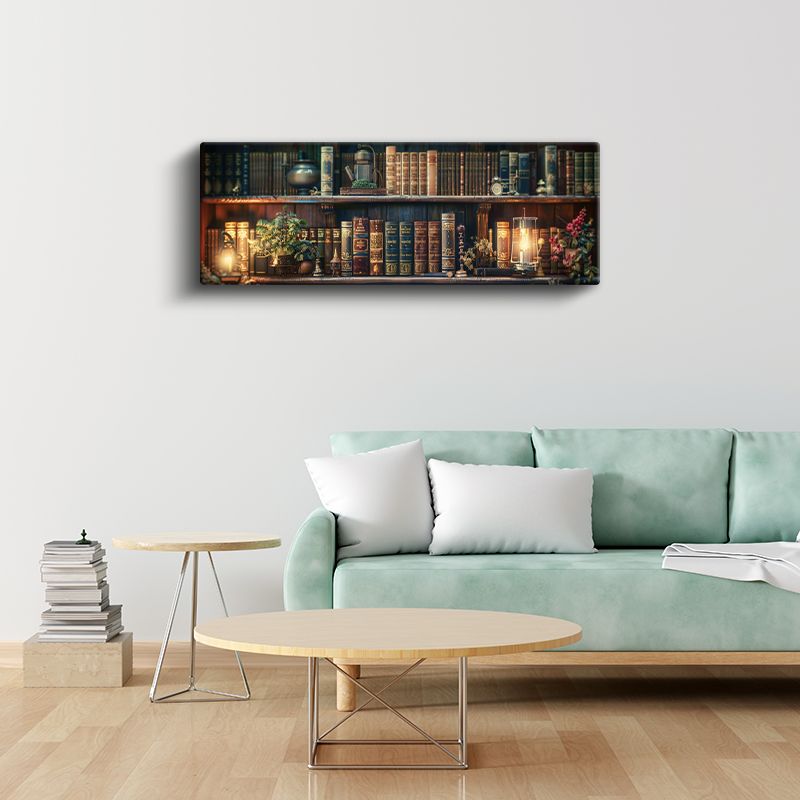 Klasik Kütüphane - Işıklı Kitap Rafları ve Bitki Detayları Kanvas Tablo