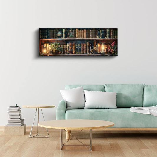 Klasik Kütüphane - Işıklı Kitap Rafları ve Bitki Detayları Kanvas Tablo