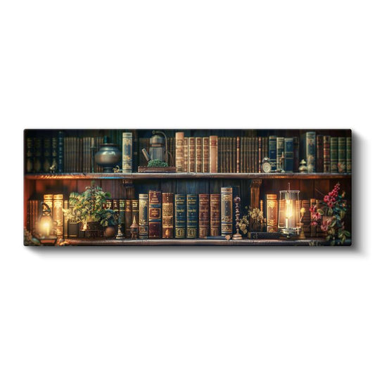 Klasik Kütüphane - Işıklı Kitap Rafları ve Bitki Detayları Kanvas Tablo