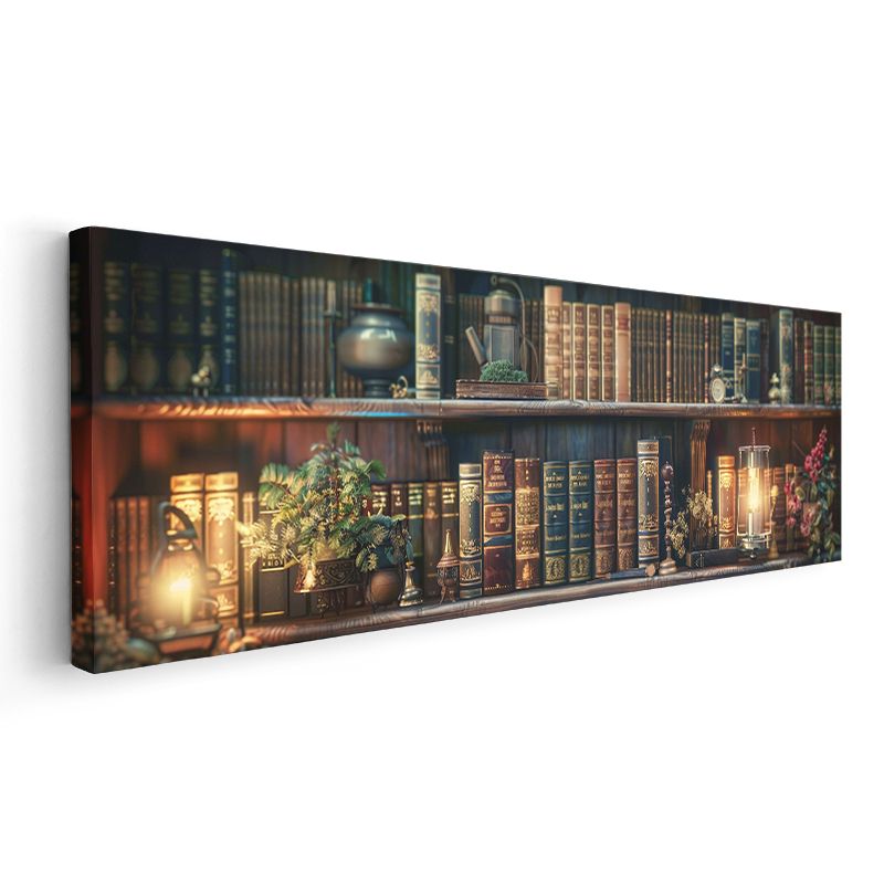 Klasik Kütüphane - Işıklı Kitap Rafları ve Bitki Detayları Kanvas Tablo