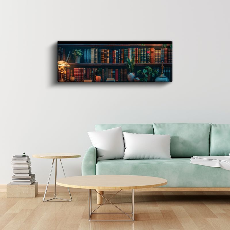 Vintage Kitaplık - Masa Lambası ve Yeşil Bitkilerle Zenginleştirilmiş Kanvas Tablo