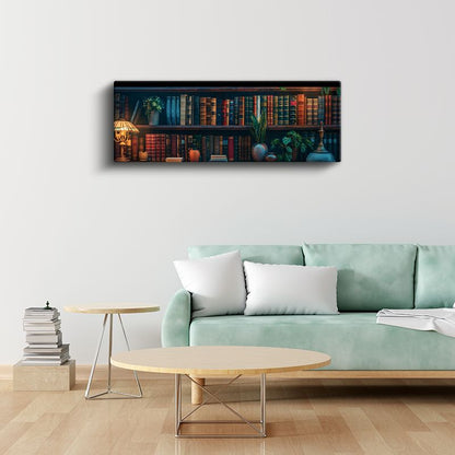 Vintage Kitaplık - Masa Lambası ve Yeşil Bitkilerle Zenginleştirilmiş Kanvas Tablo