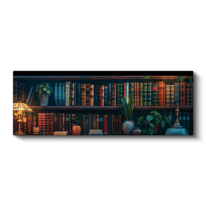 Vintage Kitaplık - Masa Lambası ve Yeşil Bitkilerle Zenginleştirilmiş Kanvas Tablo