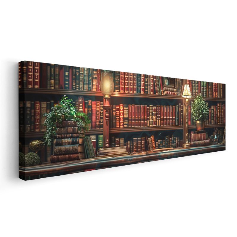 Nostaljik Kitaplık - Klasik Ciltler ve Yeşil Bitkilerle Tasarım Kanvas Tablo