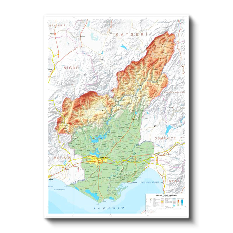 Dikey Kanvas Tablo Adana Fiziki Harita Görünümü Harita Tablosu Ev Ofis Duvar Dekoru