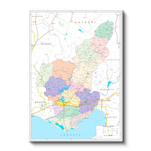 Dikey Kanvas Tablo Adana İlçeler ve Sınırlar Harita Tablosu Ev Ofis Duvar Dekoru
