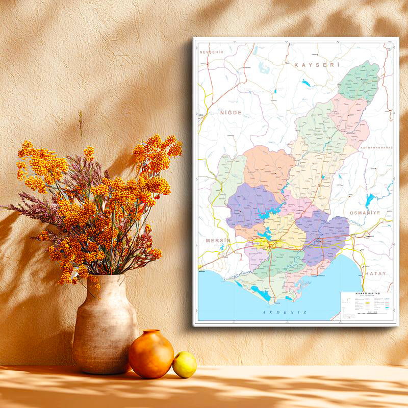 Dikey Kanvas Tablo Adana İlçeler ve Sınırlar Harita Tablosu Ev Ofis Duvar Dekoru