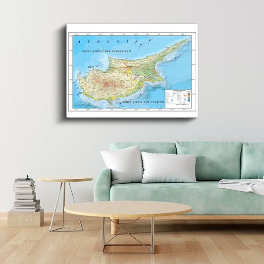 Kıbrıs - Fiziki Haritası Kanvas Tablo