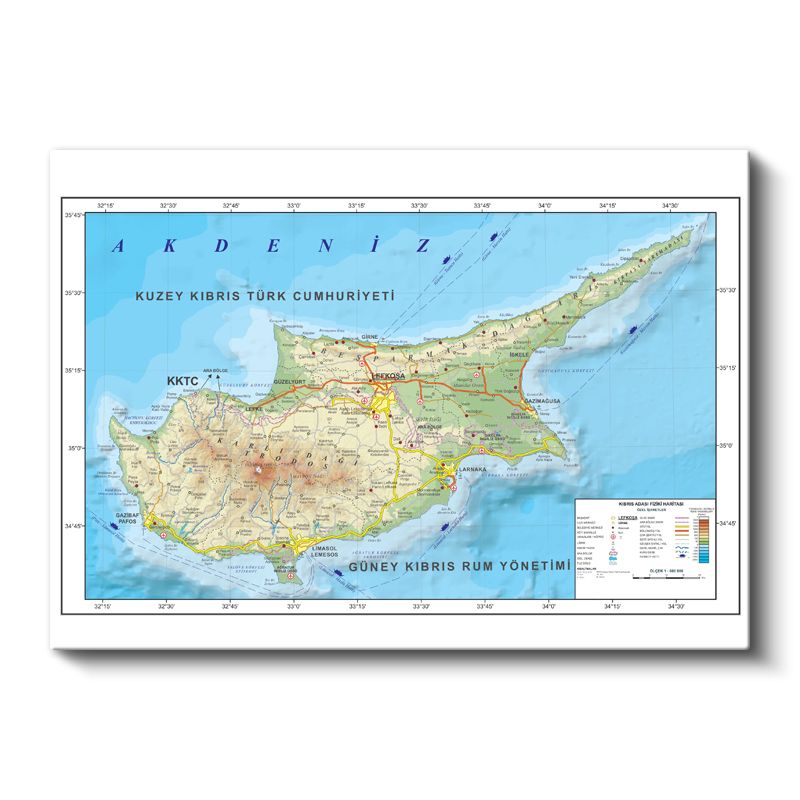 Kıbrıs - Fiziki Haritası Kanvas Tablo