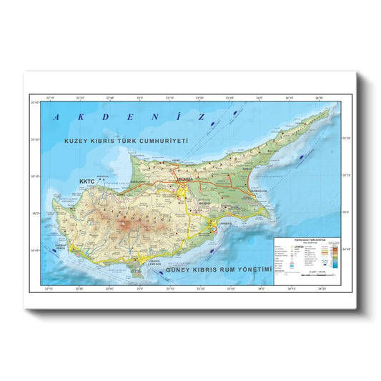 Kıbrıs - Fiziki Haritası Kanvas Tablo